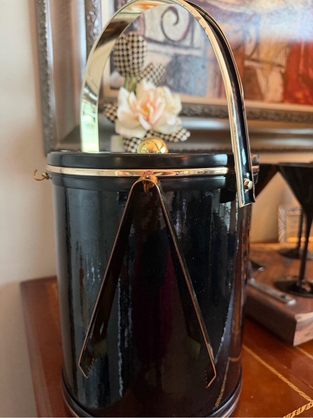 MCM Classic Black Patent Vinyl Ice Bucket with Gold Hardware